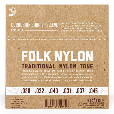 D'ADDARIO EJ32 FOLK NYLON Ball End Silver Wound / Black Treble струни для класичної гітари
